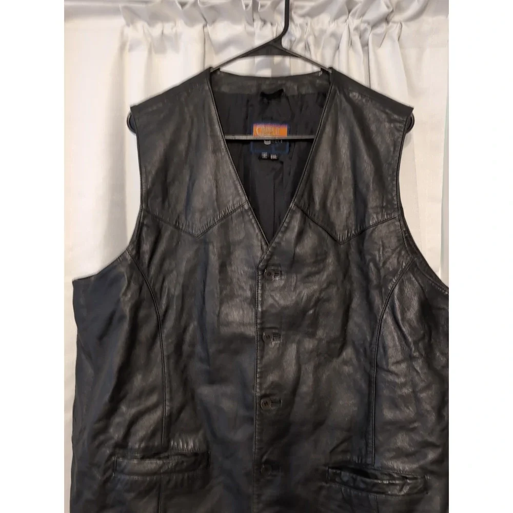 Black Leather Vest Mens Sleeveless‎ Button Up Biker Western Cowboy XXL
